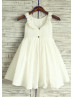 Ivory Cotton Simple Flower Girl Dress With Navy Blue Bow 